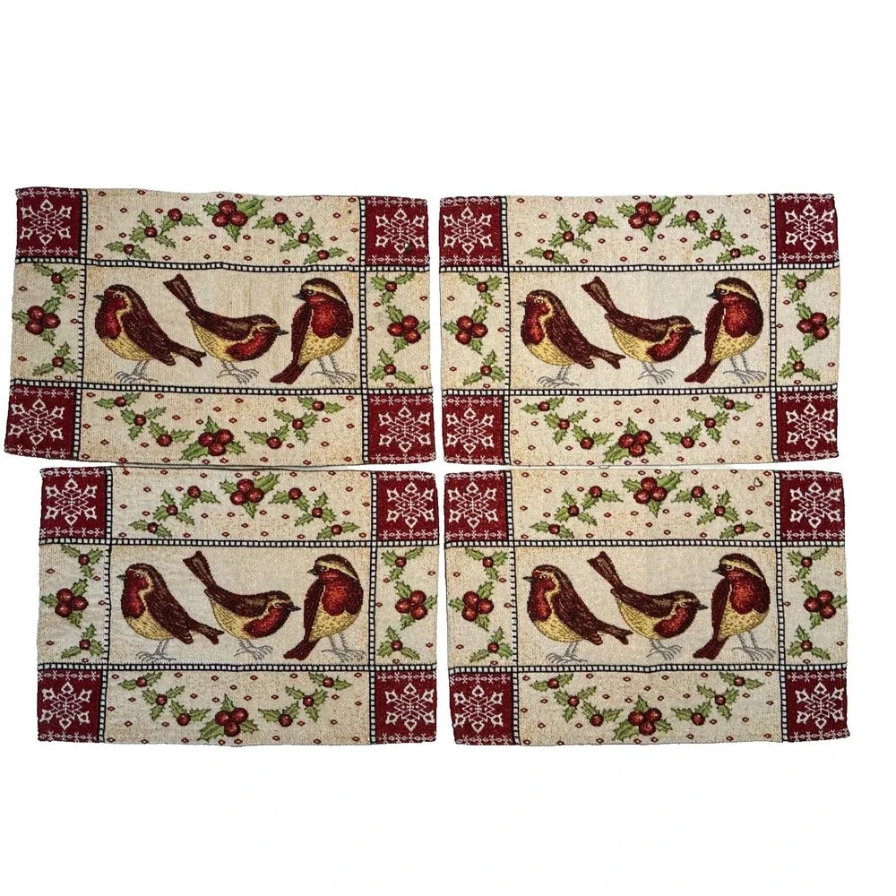Christmas Winter Bird Tapestry Placemats Set/4 Holiday Snow Holly Gold Metallic